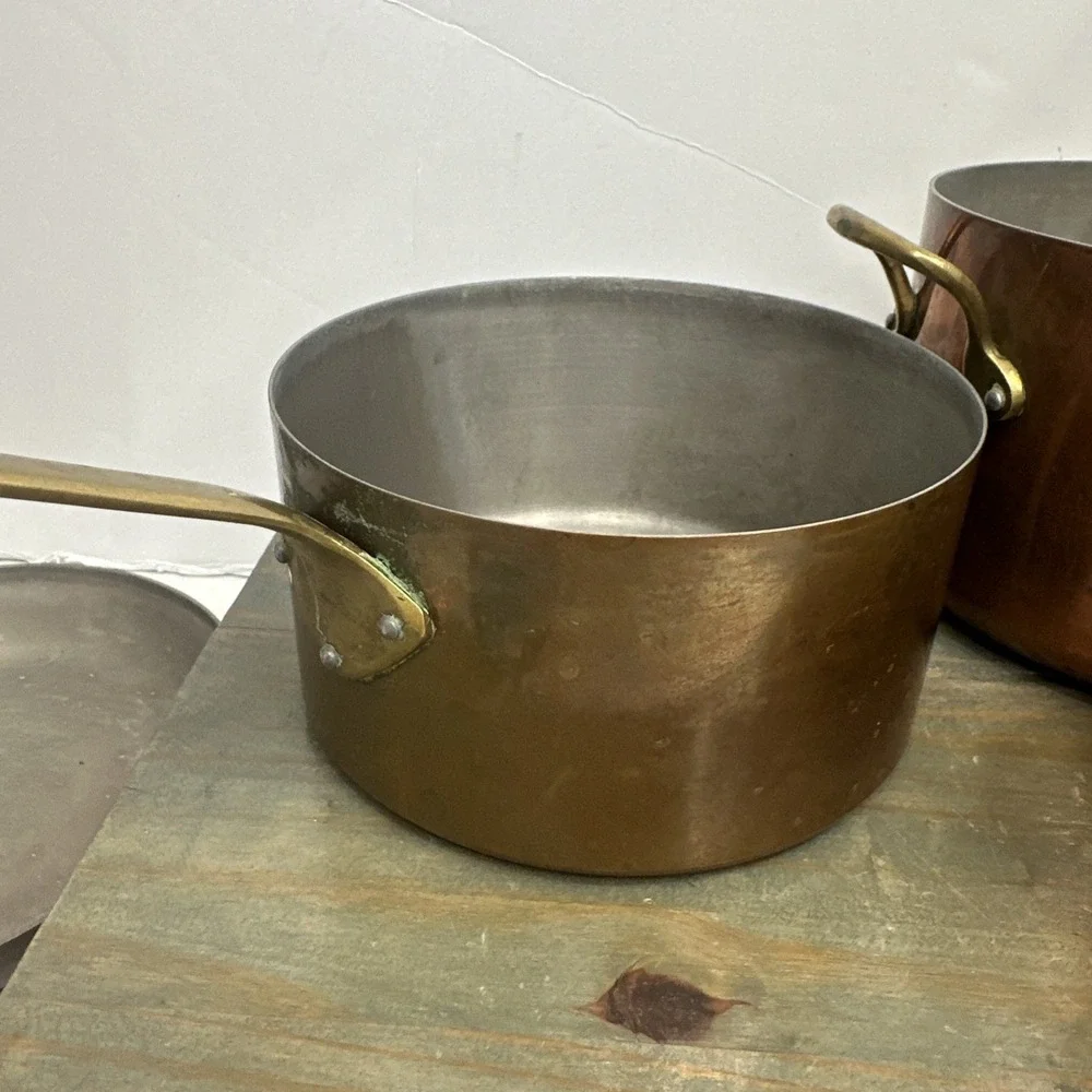 Vintage 4 Pc Set Graduating Copper Pot Brass Handles Tin Lined Made In France